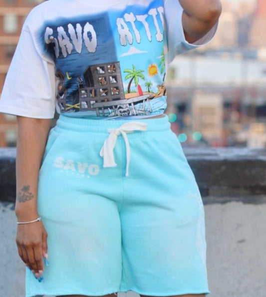 Powder Blue Raw Hem Sweat Shorts